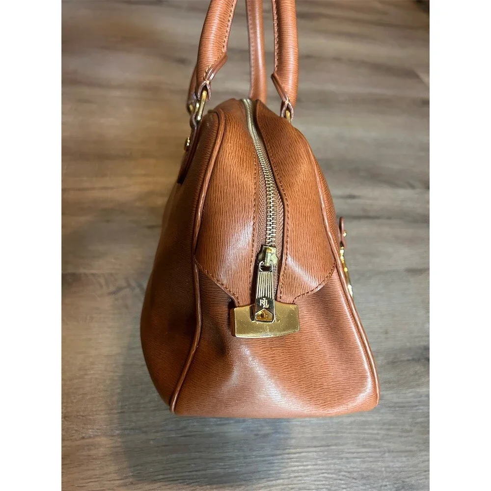 Lauren Ralph Lauren Dome Satchel Top Handle Bag Brown Cognac Gold Crest